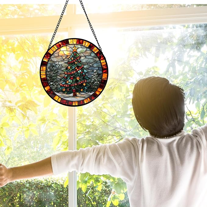DASTOLL Stained Glass Window Hanging - Winter Christmas Tree Suncatcher Ready to Hang Window Doors Home Decoration, Christmas, Mother's Day Birthday Gifts for Women, Men, and Mom 6.3x6.3 in