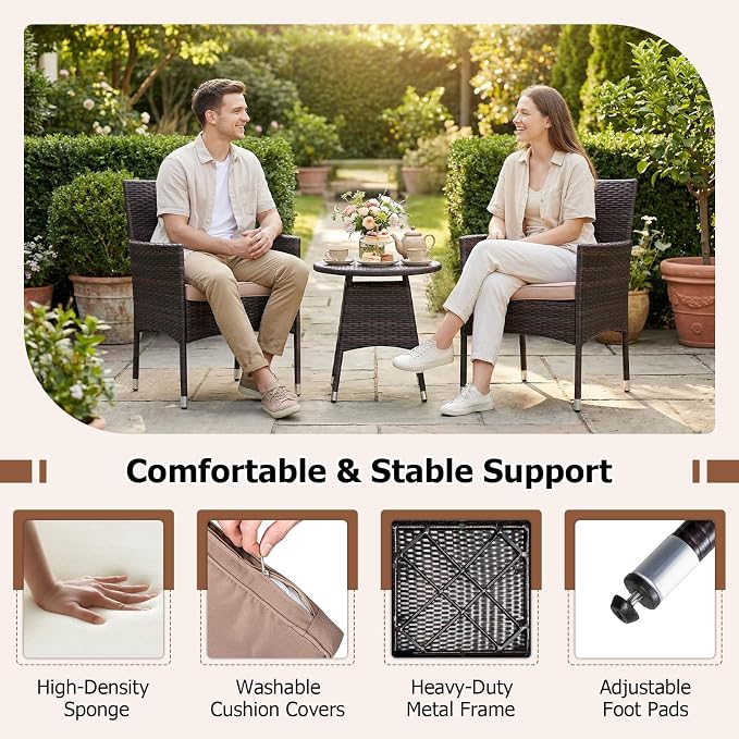 Tangkula 3 Piece Patio Furniture Set, Hand-Woven PE Wicker Conversation Set with Contoured Armchairs, Cushions & Round Coffee Table, Outside Bistro Set for Porch, Backyard, Balcony & Poolside (Beige)