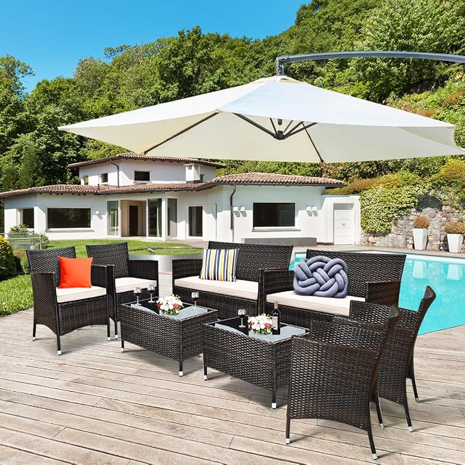 8 Pieces Patio Sofa Set, Wicker Conversation Set with Ergonomic Curved Backrest, Water-Resistant Cushion & Tempered Glass Table for Balcony, Porch (Brown)