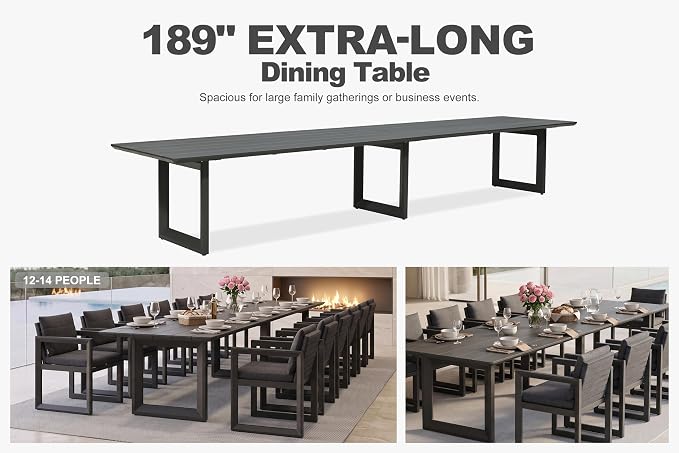 PURPLE LEAF Outdoor Dining Set for 14 Aluminum Extra Long Patio Furniture Table and Chairs Set with All Weather Thick Cushion Rectangular Patio Dining Sets for Huge Backyard Garden Poolside, Grey