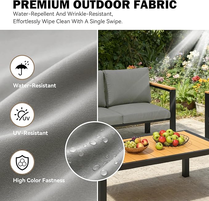 HOMREST Aluminum Outdoor Bench, Metal Oversized Patio Bench with Washable Cushions, Patio Conversation Set with Special Anti-Heat Armrest, Gray