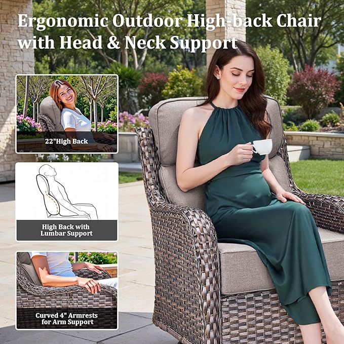 Luxury High Back Patio Furniture Set with 6-Inch Thick Cushions, 7-Pieces Outdoor Furniture with Swivel Chairs, Wicker Conversation Set for Porch, Balcony, Deck and Yard, Brown/Grey