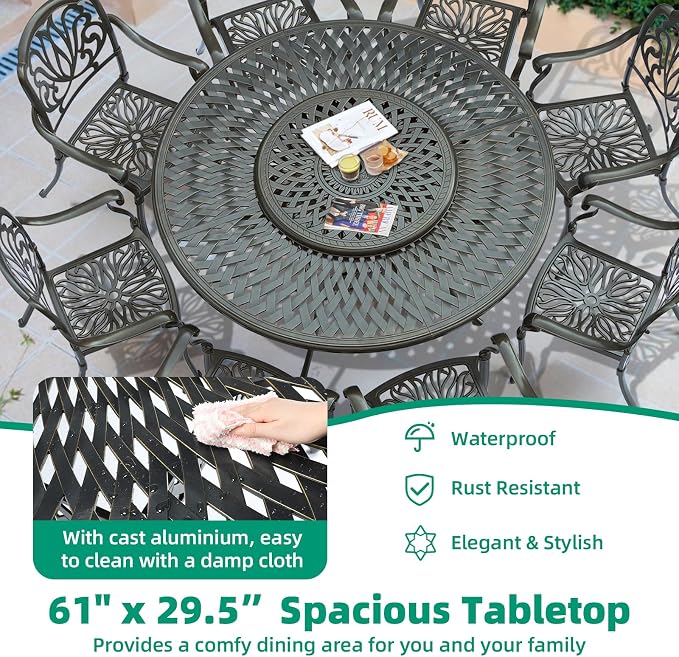 VIVIJASON Outdoor 61" Patio Dining Table for 6-8 Person, Large Patio Round Dining Table with Lazy Susan, Dark Bronze Cast Aluminum Rustic Patio Table with 2" Umbrella Hole for Balcony, Porch and Deck