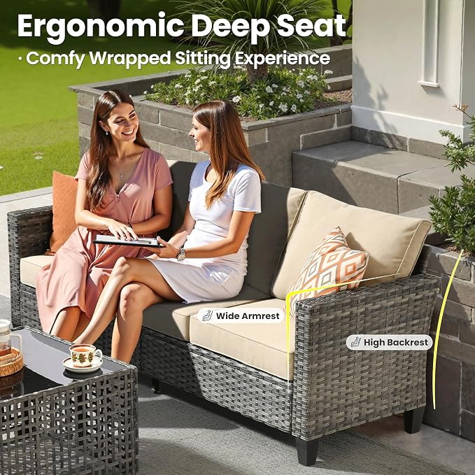 ovios 6 Pieces Patio Furniture Set Outdoor Sofa Couch with Solar Lights Table Comfy Cushions, Modern Deep Seat Wicker Rattan Conversation Set for Porch Deck, Beige