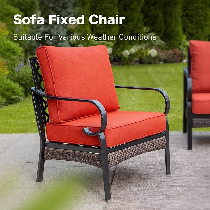 SUNSHINE VALLEY 4 Piece Black Metal Outdoor Patio Furniture Sets with Firepit Table, Patio Conversation Sets 1 3-Seater Sofa, 2 Chairs with 5.75" Thick Cushion Backyard Furniture for Deck, Rust Red