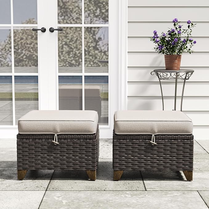 2 Pieces Patio Outdoor Ottomans with Removable and Washable Covers，PE Rattan Wicker Footstools for Porch, Garden, Sunroom (Beige)