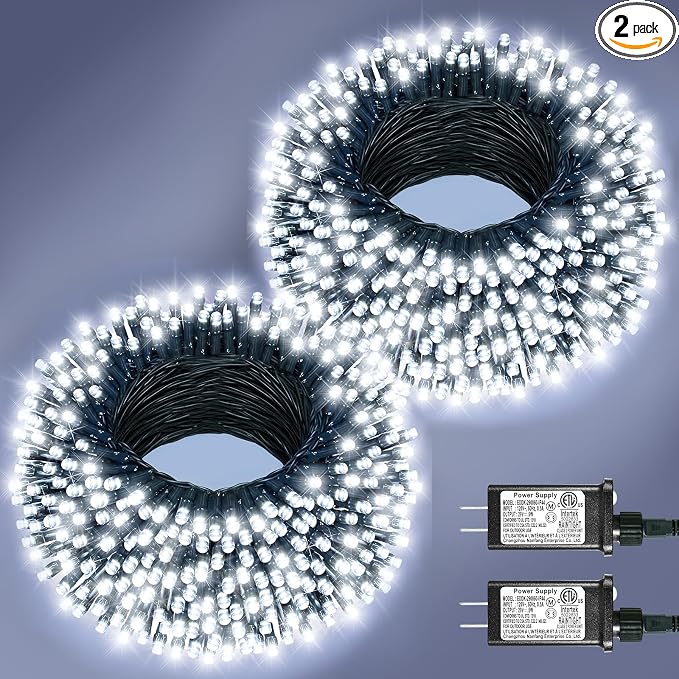 2 Pack Christmas Lights Outdoor, Total 200FT 600LED Christmas Tree Lights | Cool White, Plug in 8 Modes Waterproof String lights for Outside Indoor House Patio Yard Party Holiday Decorations