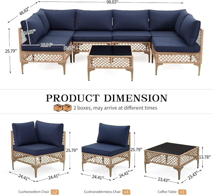 FHFO 7 Piece Outdoor Wicker Patio Furniture Set, Yellow/Blue | Sectional Sofa | All-Weather Hand-Woven Rattan | Tempered Glass Coffee Table | Free Combination | Indoor & Outdoor Use