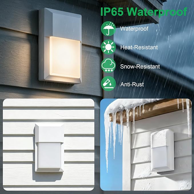 Outdoor Porch Light, LED Wall Sconce, Rustproof Aluminum | Modern Exterior Wall Light Fixture for House, Patio, Garage, 12W 1000 Lumen, Waterproof, 3000K, White, 2 Pack