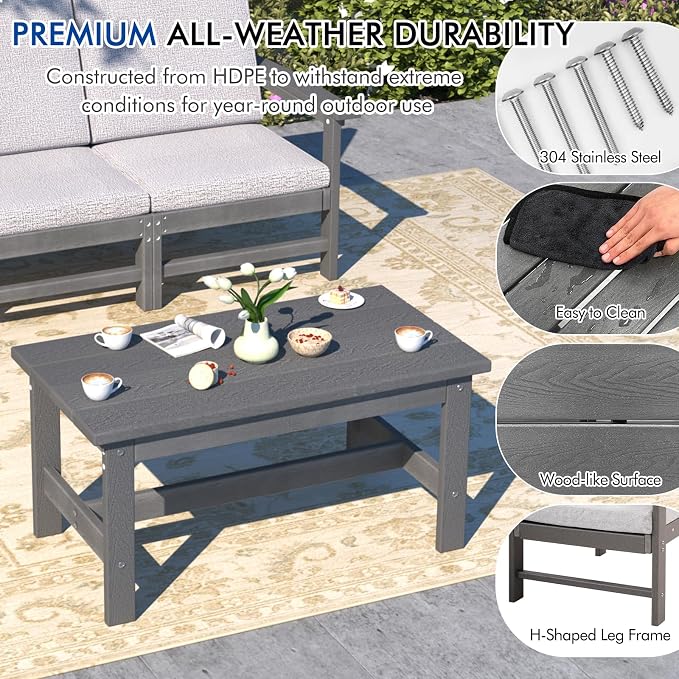 7-Piece HDPE Patio Furniture Set, All-Weather Outdoor Sectional Sofa Set w/Coffee Table+Side Table - Wood-Like Composite Conversation Couch for Deck, Lawn, Balcony - Grey Frame with Cushion