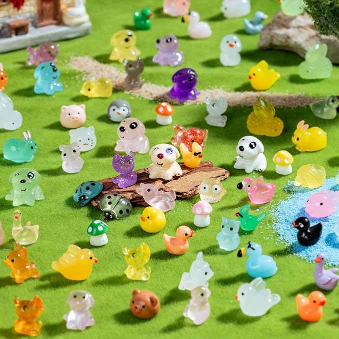 110 pcs Luminous Mini Resin Animals Many Styles Variety Tiny Animals Figures Miniature Little Small Animal Figurines Bulk for Micro Fairy Garden Landscape Accessories Hide Crafts Decor Aquarium
