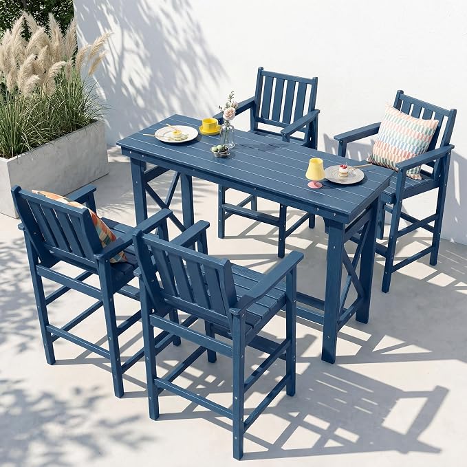 5-Piece Outdoor Bar Table and Chairs Set, HDPE Counter Height Patio Dining Table with 4 Adirondack Bar Chairs, Adirondack Bar Height Chairs and Bar Table for Bistro, Poolside, Backyard, Blue