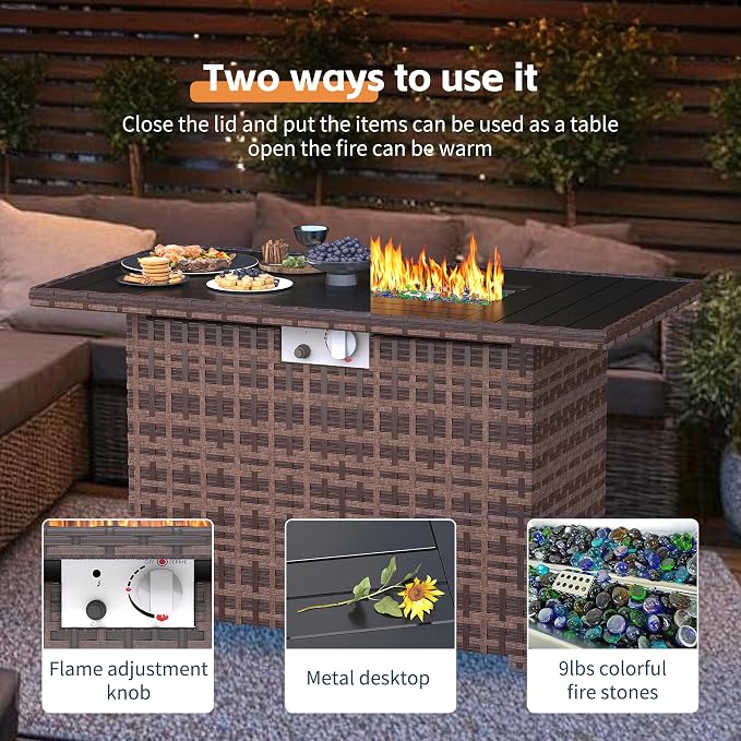 UDPATIO Patio Furniture Set with Fire Pit Table, 8 Inch Armrest 7 Piece Outdoor Sectional Sofas, All-Weather Wicker Conversation for Garden, Backyard, Brown/Navy Blue