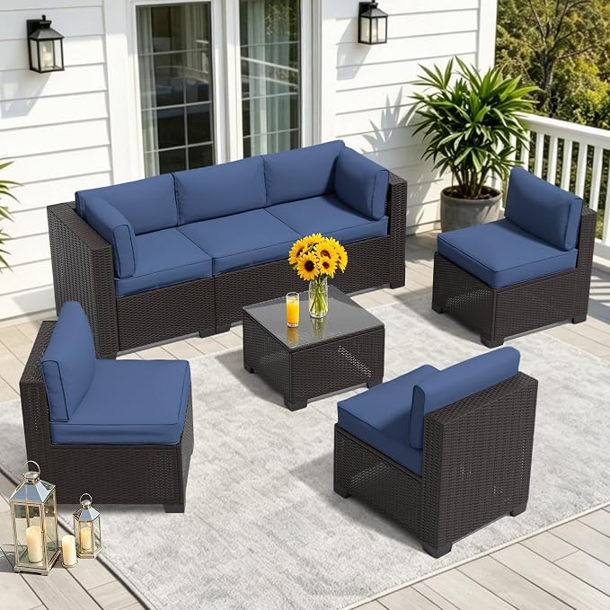 7 Pieces Outdoor Patio Furniture Set, Wicker Modular Sectional Sofa, All Weather Conversation Sets with Glass Table for Yard, Garden, Poolside, Navy Blue Cushions