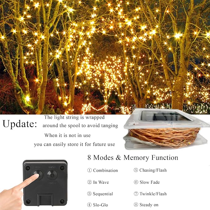 Joomer Solar Fairy Lights, 2-Pack Total 80FT 240LED Lights, Warm White | Copper Wire, Solar String Light Waterproof 8 Lighting Modes for Patio Fence Party Garden Yard Home Outdoor Decoration