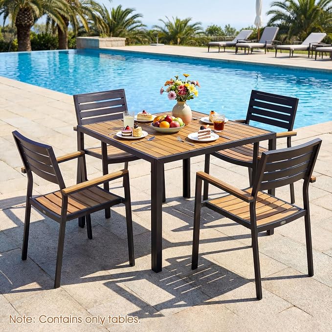 Tangkula 36" Square Patio Dining Table for 4, Acacia Wood Outdoor Table with Slatted Top, 1.97" Umbrella Hole and Heavy Duty Metal Frame, Outside Table for Porch, Garden, Backyard, Deck and Poolside