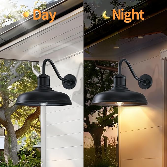 13.8'' Diameter Large Outdoor Gooseneck Barn Light 2 Packs, Black | Outdoor Wall Sconce Farmhouse Exterior Lighting Fixture Industrial Outside Lantern for Porch, Garage (No Sensor)