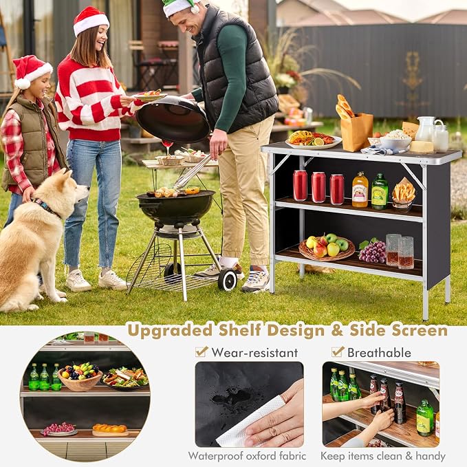 Goplus Folding Camping Table, Aluminum Portable Pop-Up Bar Table with 2-Tier Storage Shelves, Removable Cloth Cover, Foldable Camp Table for Picnic, Tailgate, Party, Travel, Outdoor