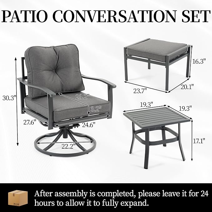 Patio Furniture Set, 5 Pieces Outdoor Patio Furniture Sets,Outdoor Metal Conversation Set Sofas with 2 Swivel Chairs,2 footstools,1 Side Table,Wrought Iron with Cushion
