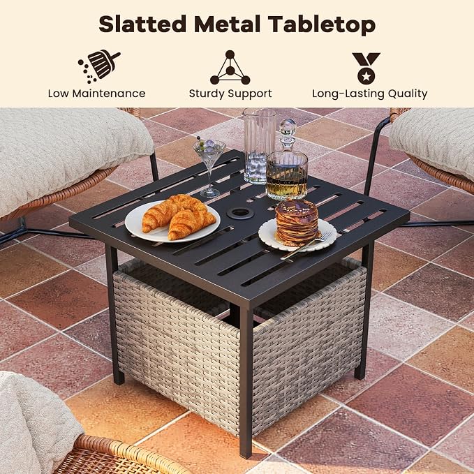 HAPPYGRILL Wicker Patio Umbrella Table with 1.57” Umbrella Hole, Outdoor Rattan Side Table with Heavy Duty Metal Frame, 22” Square PE Rattan End Table for Deck Backyard Poolside (Mix Gray)