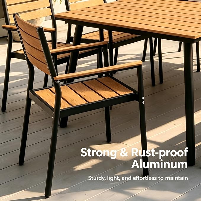 11-Piece Outdoor Dining Set for 10 Person with Teak Wood-Grain Top | Armrest Stackable Chairs with 19.4" Seat Depth, Aluminum Frame Dining Furniture with Umbrella Hole for Deck, Porch & Backyard