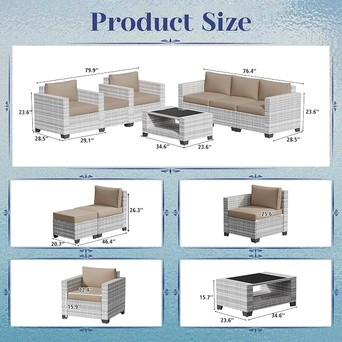 KIGOTY Patio Furniture Set 7 PCS Patio Conversation Sets, All-Weather PE Rattan Outdoor Sectional Sofa with Cushion and 2- Tier Glass Coffee Table（Grey White/Camel）