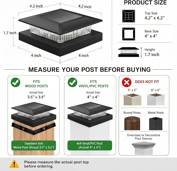 12 Pack Solar Post Cap Lights 4x4, Dual-Color Waterproof Fence Post Solar Lights, Fits 4x4 Vinyl or 3.5x3.5 Wood Posts, Dusk to Dawn Outdoor Lighting for Deck, Garden & Porch Decor, Black
