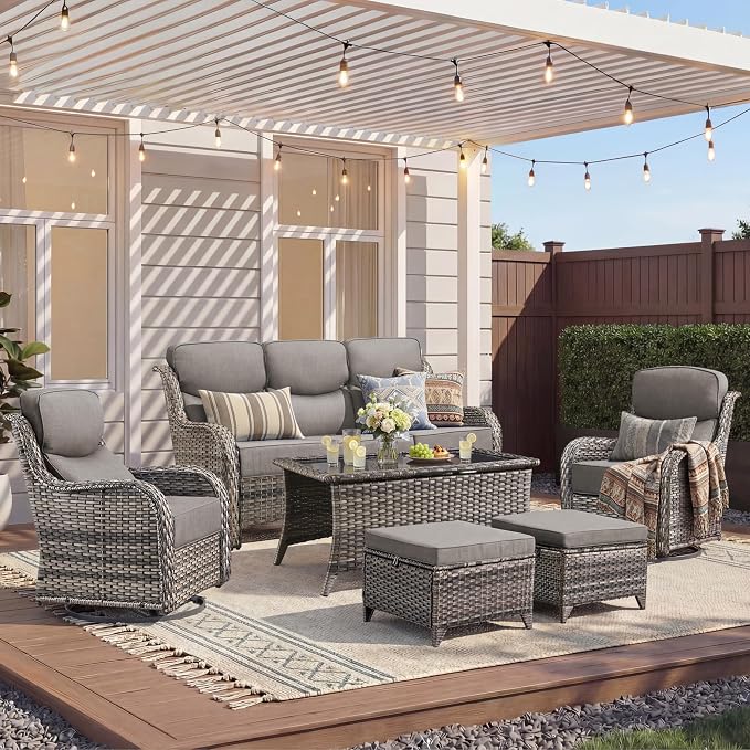 Luxury 6 Pieces Outdoor Patio Furniture Set-All Weather Wicker Outdoor Furniture with Swivel Rocker Patio Chairs 6-inch Extra Thick Cushions Wicker Conversation Set for Garden Porch(Grey/Grey)