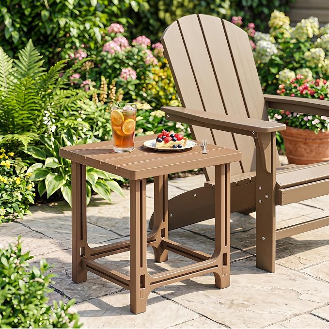 Tangkula Outdoor Adirondack Side Table, 18" Heavy Duty HDPE Patio End Table with Slatted Surface, 0-Screw Assembly, Easy Maintenance, Small Outdoor Side Table for Porch, Pool, Garden, Deck (1, Brown)