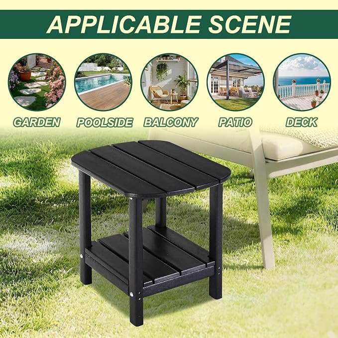 LZRS Patio End Table, Heavy Duty HDPE Outdoor Coffee Table with Wood Texture, Weatherproof Composite Table for Adirondack Chairs, Deck, Pool, Indoor/Outdoor, No Peeling Cracking(Black)