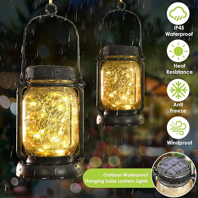 4 Pack Solar Mason Jar Hanging Lantern with Stakes, Warm White | Solar Fairy String Lights, Vintage Glass Lamp, Waterproof, Bright, for Indoor Outdoor Halloween Garden Patio Pathway Yard