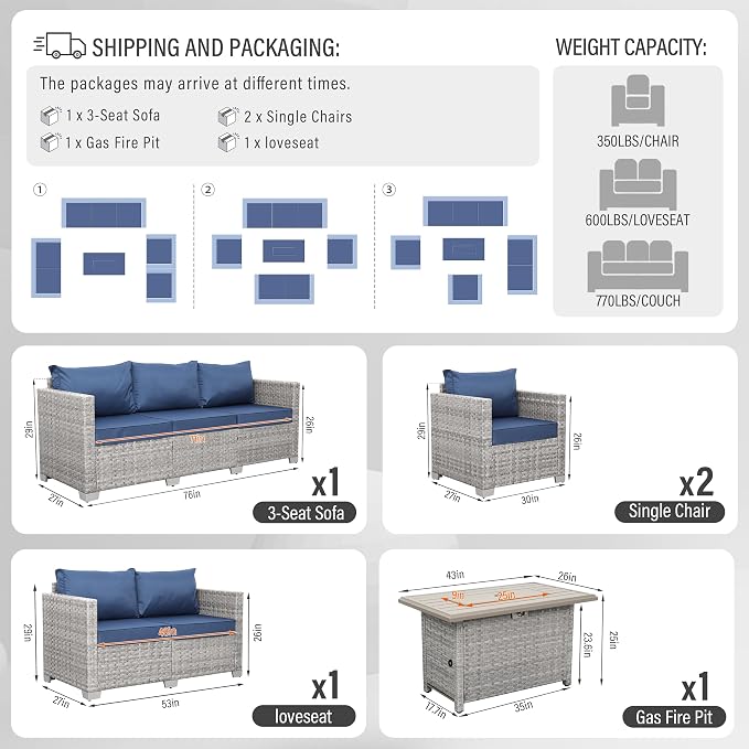 WAROOM Patio Furniture Set 5 Piece Outdoor Furniture with Fire Pit Table, Grey Wicker Sectional Sofa Couch Sets Backyard Deep Seating PE Rattan Chairs with Navy Blue Cushion