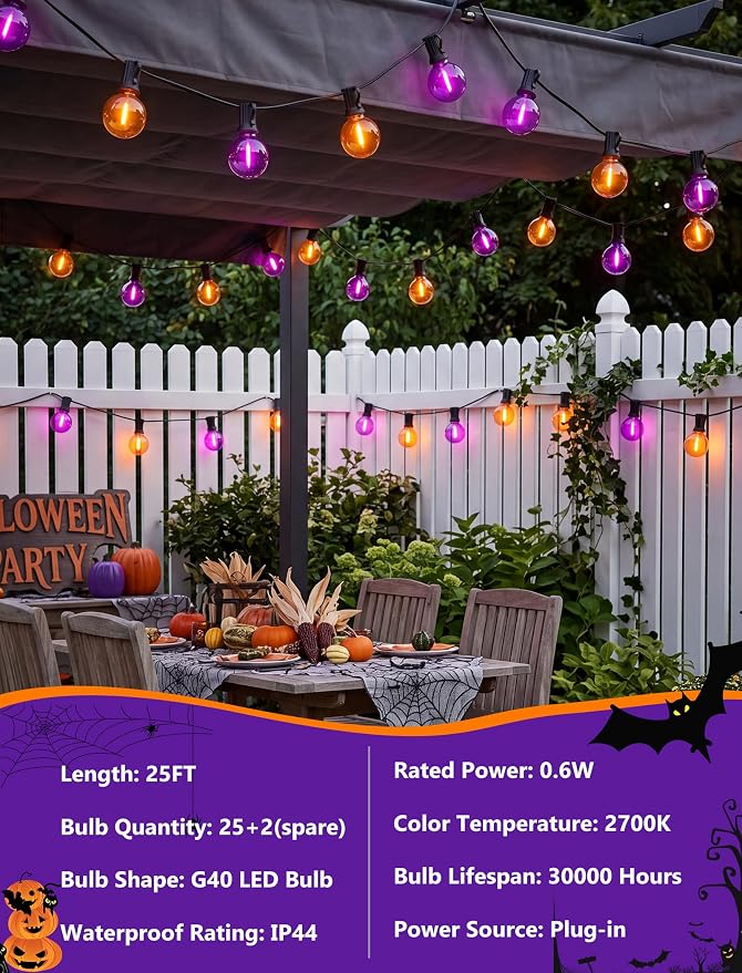25FT G40 LED Outdoor Halloween String Lights, Orange and Purple Halloween Decorations Lights with 27 Shatterproof Globe Bulbs(2 Spare), Hanging Patio Lights for Holiday Balcony Backyard Party Garden