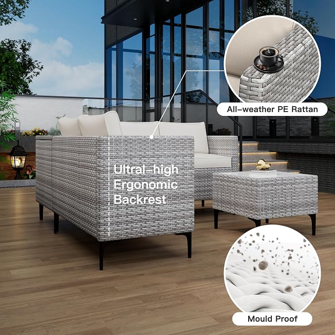 Outdoor PE Rattan Patio Conversation Set with Storage, All-Weather Wicker Sectional Sofa with Cushions for Backyard Garden Porch, Grey White and Khaki
