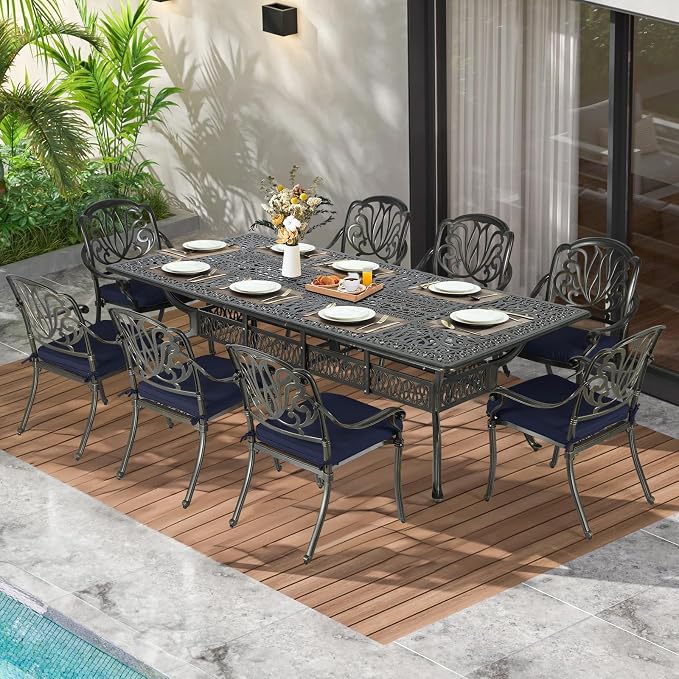 MEETWARM 9-Piece Outdoor Patio Dining Set for 8, All Weather Cast Aluminum Patio Funiture Table and Chairs Set- 94.5” Rectangular Table and 8 Cushioned Chairs for Garden, 2" Umbrella Hole, Navy Blue