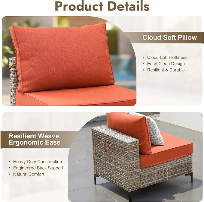 9 Pieces Outdoor Sectional Patio Furniture Set with 42" Fire Pit, Conversation Sets Rattan Wicker L Shaped Couch Swivel Rocking Chairs for Porch Balcony Backyard, Coarse Stripes Red