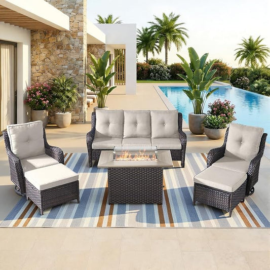 Patio Furniture Set with 41" Fire Pit Table - High Back Patio Conversation Set with 4 Inch Thick Cushions and Deep Seating Swivel Glider Chairs & Outdoor Couch for Porch Deck Yard Pool Brown