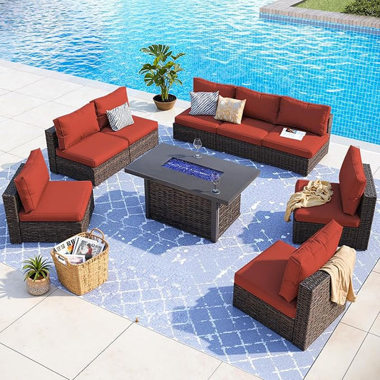 9 Piece Patio Furniture Set with 42" Fire Pit Table, Outdoor Wicker Rattan Sectional Sofa Set, Patio Conversation Set with Thickened Cushions, Red