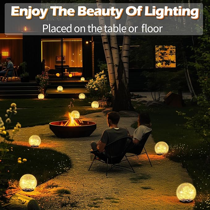 Garden Solar Ball Lights Outdoor Waterproof, 50 LED Cracked Glass Globe Solar Power Ground Lights for Path Yard Patio Lawn, Christmas Decoration Landscape Warm White(2 Pack 4.7'')