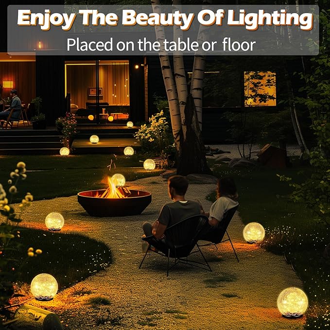 Garden Solar Ball Lights Outdoor Waterproof, 80 LED Cracked Glass Globe Solar Power Ground Lights for Path Yard Patio Lawn, Halloween Christmas Decoration Landscape Warm White(2 Pack 5.9'')