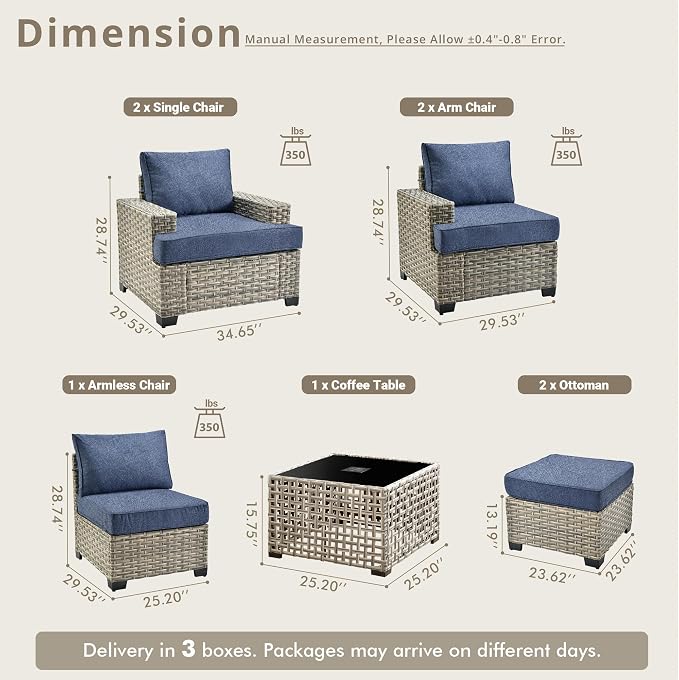 Weaxty 8 Pieces Outdoor Furniture Set, Patio Sectional Sofa Wide Seats Couch Chair with Ottoman Solar Table, Thick Cushion All-Weather Rattan Patio Conversation Sets for Backyard Porch Deck, Blue