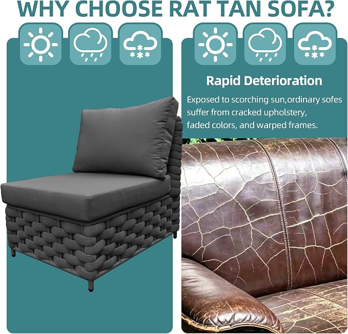 3-Seat Modular Outdoor Sofa Set with Coffee Table, Woven Rope Patio Sectional Couch, Rust-Proof Aluminum Frame, Water-Resistant Cushions for Backyard Balcony Deck, Dark Gray