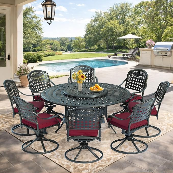 VIVIJASON 9-Piece Outdoor Furniture Dining Set, Rust-Free Cast Aluminum Patio Conversation Set, Include 8 Swivel Dining Chairs & 61" Round Dining Table with 31" Lazy Susan, Umbrella Hole, Red