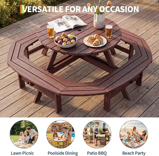 Garvee 8 Person Wooden Picnic Table, Outdoor Picnic Tables with 4 Built-in Benches, Circular Camping Dining Table and Chairs Set with Umbrella Hole for Garden, Patio, Backyard, Walnut Brown
