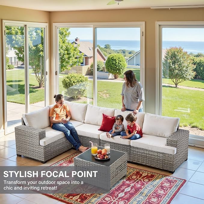 Belord Patio Conversation Set - 10-Seater Modular Wicker Outdoor Sectional Sofa Set, High Back Patio Furniture Sets with Glass Coffee Table for Outdoor Gatherings
