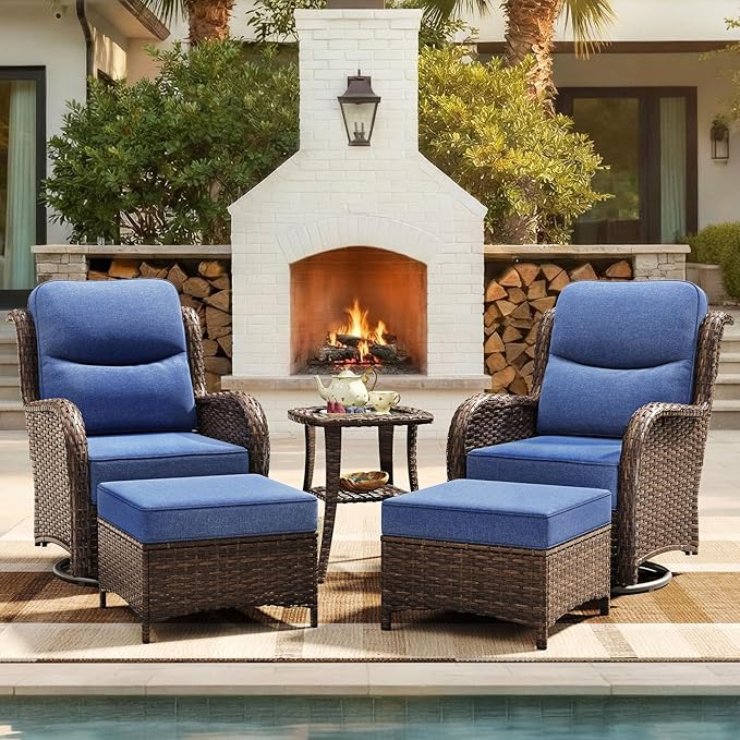 HILLGA 5-Piece Luxury Patio Furniture Set with 6" Thick Cushions, Weather-Resistant Wicker High Back Swivel Rocker Chairs, Senior-Friendly Conversation Set for Small Porch, Deck and Sunroom, Blue(V2)