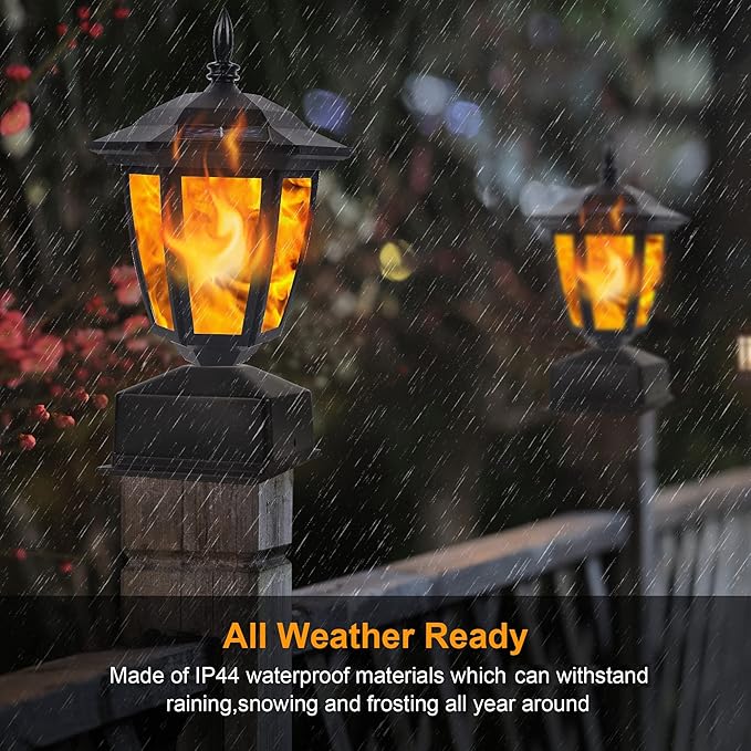 Dynaming Solar Flame Post Lights Outdoor, Solar Powered Lamps Fence Post Cap Lights, Flickering Flame LED Lantern Decorative Waterproof for Garden Deck Patio, Fit 4x4, 5x5 or 6x6 Wooden Posts, 6 Pack