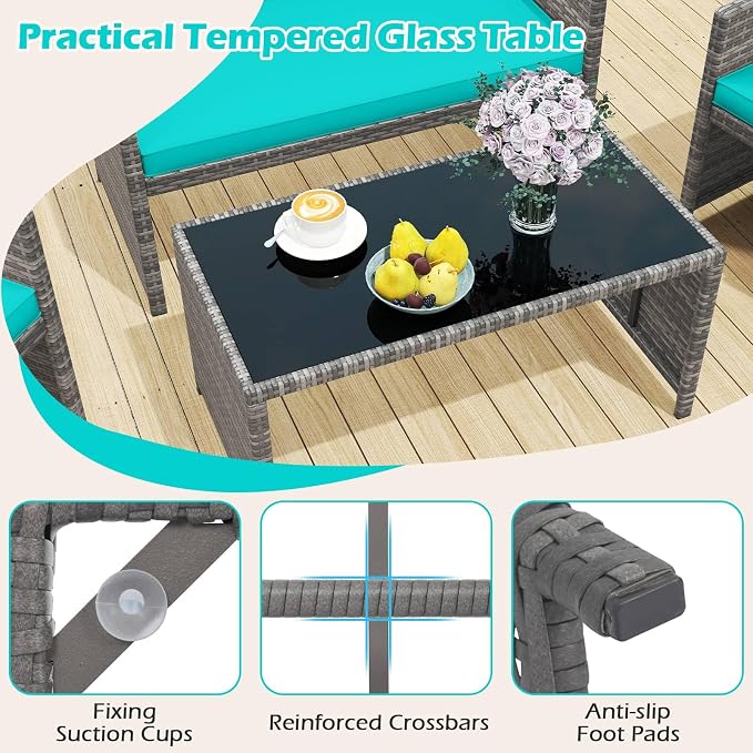 RELAX4LIFE 4-Piece Patio Furniture Set - Wicker Rattan Outdoor Sectional Sofa Set w/Glass Coffee Table, Loveseat, 2 Single Chairs & Soft Cushions, Bistro Conversation for Garden Porch (1, Turquoise)