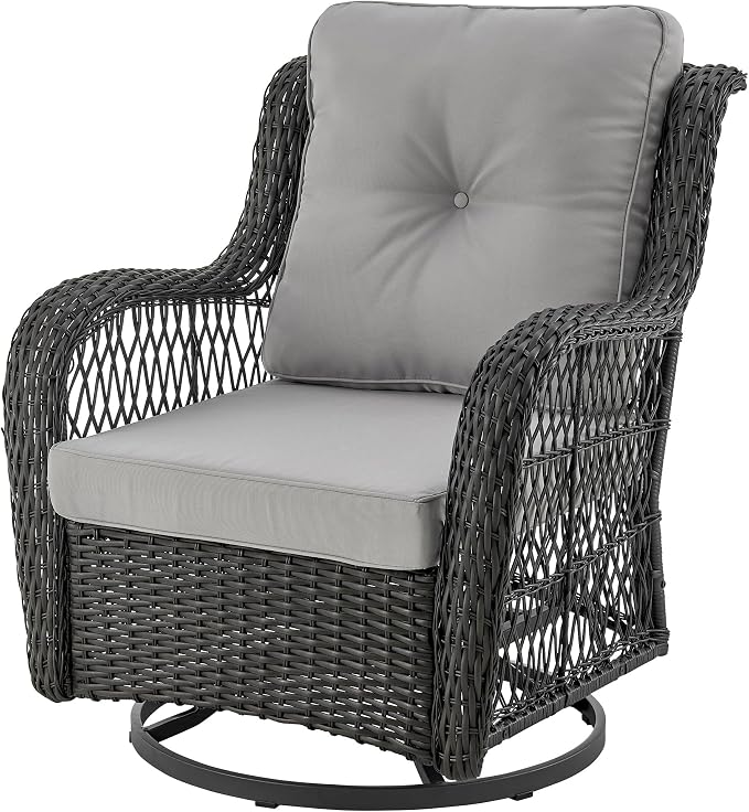 Manhattan Comfort Fruttuo 3-Piece Patio Conversation Set, Swivel Steel Rattan Chairs with Removable Cushions & Tempered Glass End Table, Weather-Resistant Outdoor Furniture for Backyard & Porch, Grey