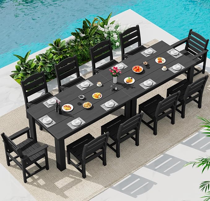 SERWALL Outdoor Dining Set for 10, w/ 2 Tables & 10 Chairs, Black | All Weather Resistant HDPE Dining Sets for Patio, Garden, Backyard